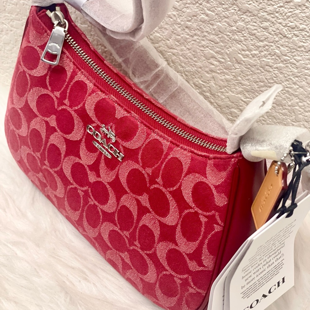 Coach Teri Shoulder Crossbody Bag In Signature Denim CDE43 Denim Silver/True Red - Picture 3 of 11